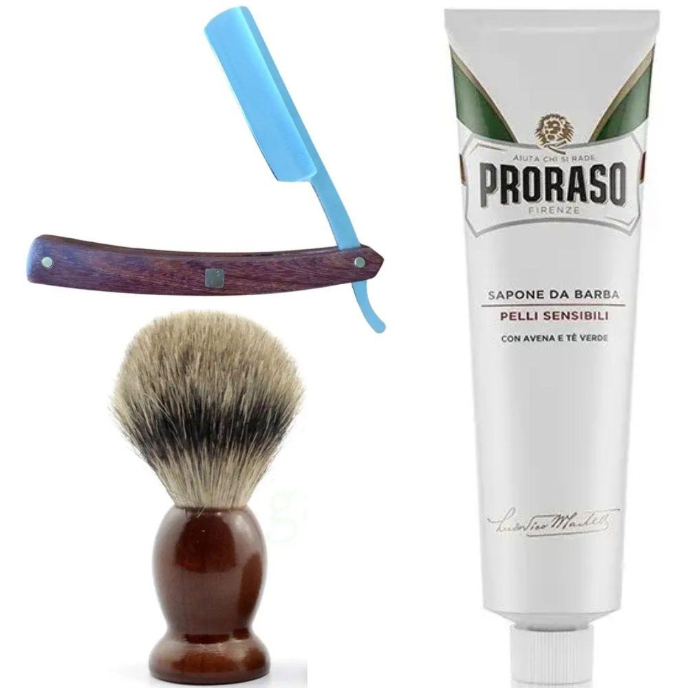 Небезпечна бритва/шавета розкладна Straight Razor + SHIMA + крем для гоління Proraso для чутливої шкіри з зеленим чаєм, фото 1