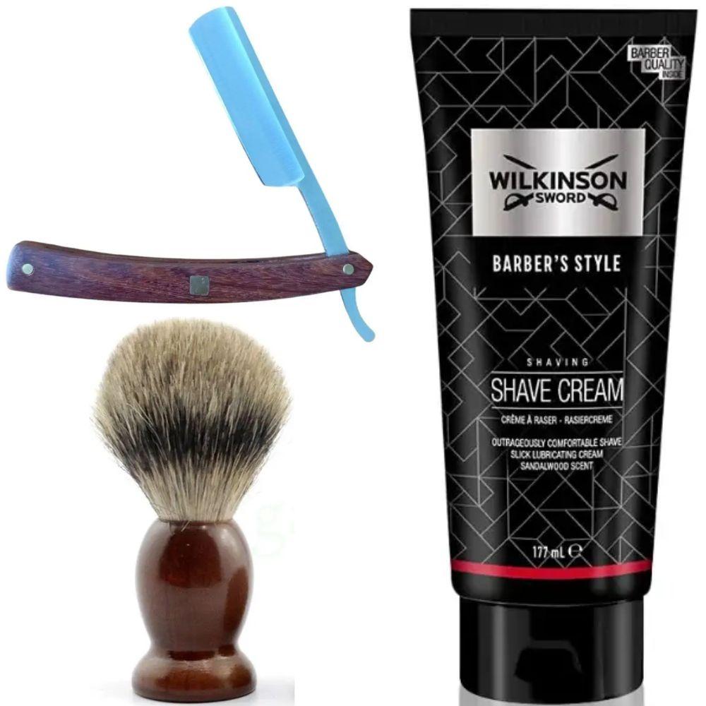 Небезпечна бритва/шавета розкладна Straight Razor + помазок SHIMA синій + крем для гоління Wilkinson Sword Barber's Style Shave, фото 1