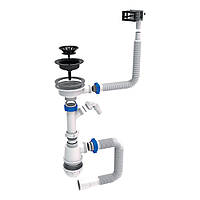 Сифон для кухонної мийки з пластиковим випуском 31⁄2" виведенням під прання. машину квадратним переливом і гнучким відведенням Ø40/50 мм