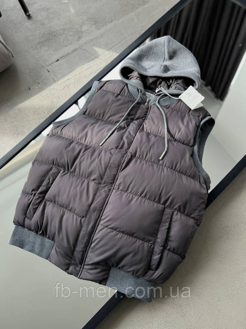 Жилет чоловічий Brunello Cucinelli з капюшоном сірий люкс, фото 1