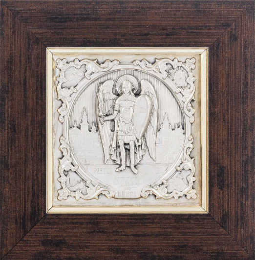 Об'ємне декоративне панно срібло "Архангел Михаїл - покровитель Києва" в рамі з натурального дерева, фото 1