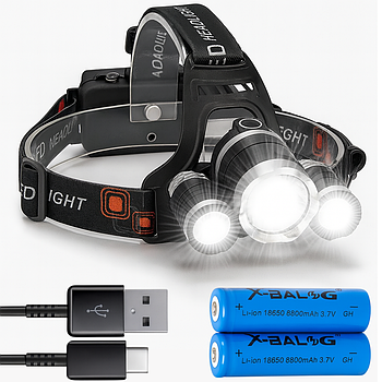 Налобний ліхтар акумуляторний + 2х18650, з USB, Bailong RJ-3000 / Світлодіодний ліхтарик на голову / Потужний ліхтар налобний
