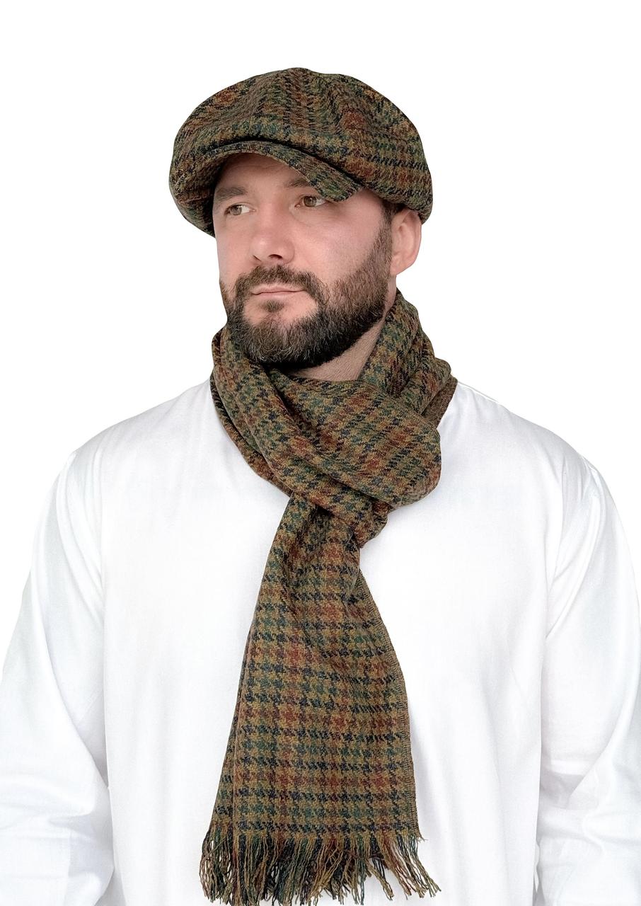 Чоловічий теплий вовняний шарф «Гусяча лапка» коричневий меланж, довгий, з бахромою, осінь-зима, фото 1