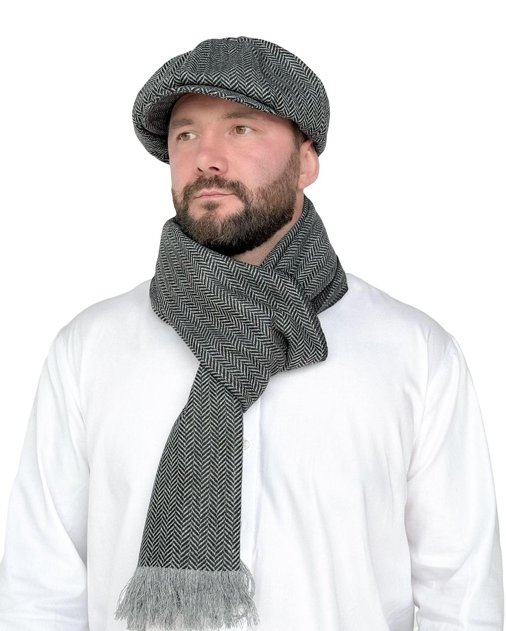 Чоловічий твідовий шарф сірий у ялинку — теплий вовняний аксесуар, фото 1