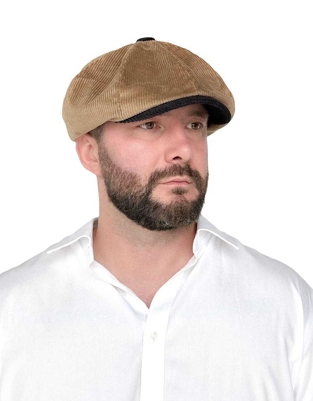 Чоловіча кепка восьмиклинка з вельвету бежевого кольору – стильна осіння кепка гаврош на підкладці, фото 1