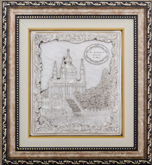 Об'ємна декоративна картина-панно посріблене в рамі італійський багет "Київ. Андріївська церква", фото 1