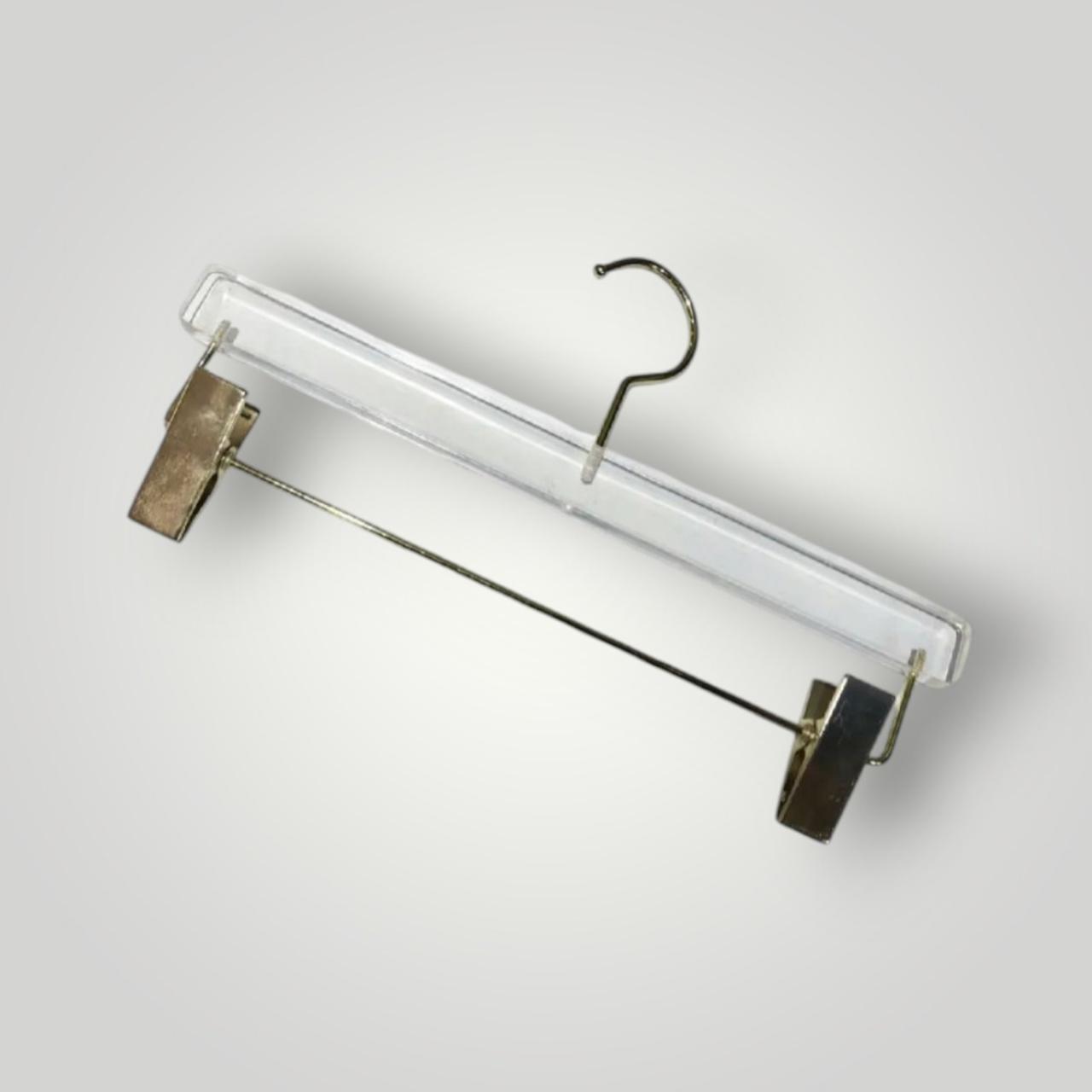 Плічки вішалки з прищіпками 32 см акрилові прозорі  з золотими прищіпками тремпеля для штанів і спідниць  уп.5 шт, фото 1