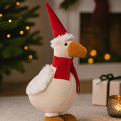 Різдвяна качка у шапці Санти та червоному шарфі висота 48 см у скандинавському стилі