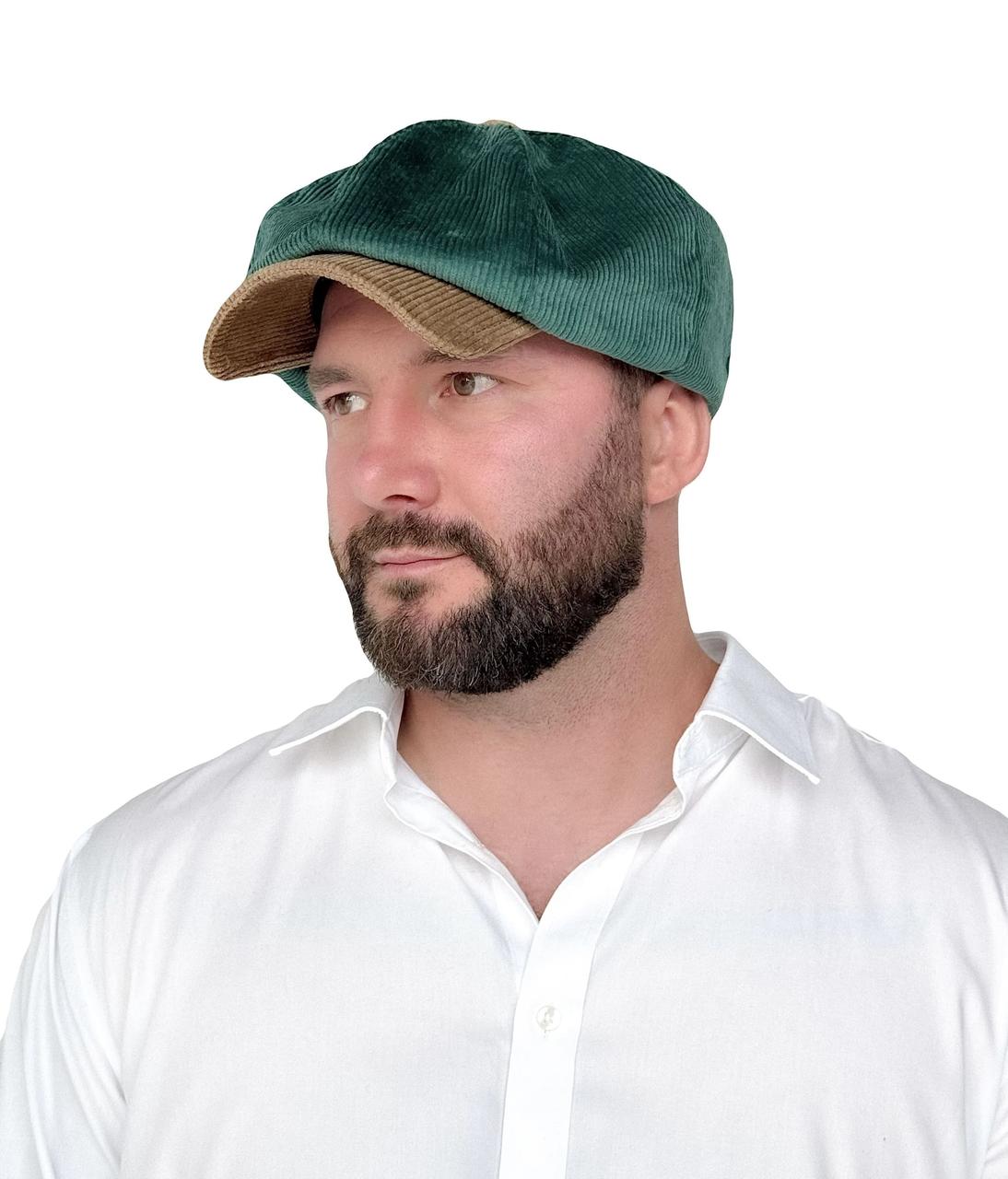 Чоловіча кепка восьмиклинка з вельвету зелена з бежевим козирком — осіння-весняна кепка Гаврош (Хуліганка), фото 1