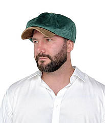 Чоловіча кепка восьмиклинка з вельвету зелена з бежевим козирком — осіння-весняна кепка Гаврош (Хуліганка)