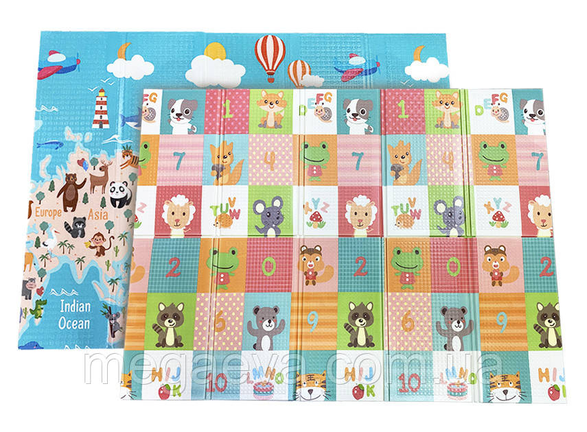 Дитячий термокилимок двосторонній Складний  Мапа світу HF38/HF50 Тваринки 200х150х1см +сумка