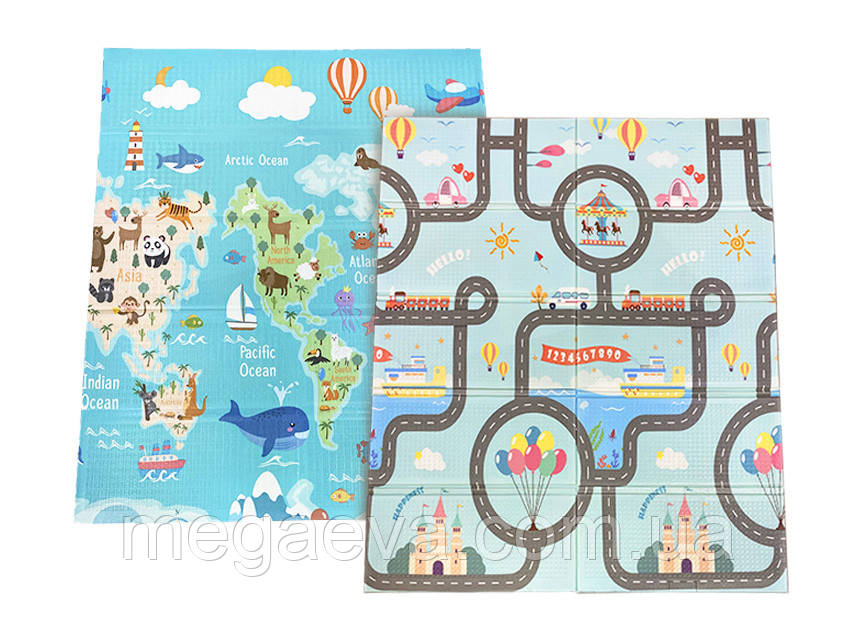 Дитячий Складний термокилимок двосторонній Дорога HF37/HF38 Мапа світу 180х150х1см +сумка
