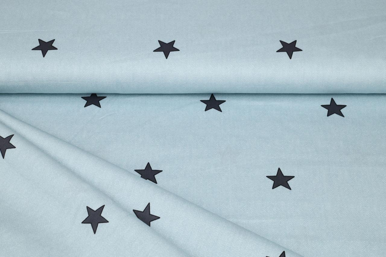 Сатин-твіл Зірочки 10 мм на пильно-блакитних зигзагах, фото 1