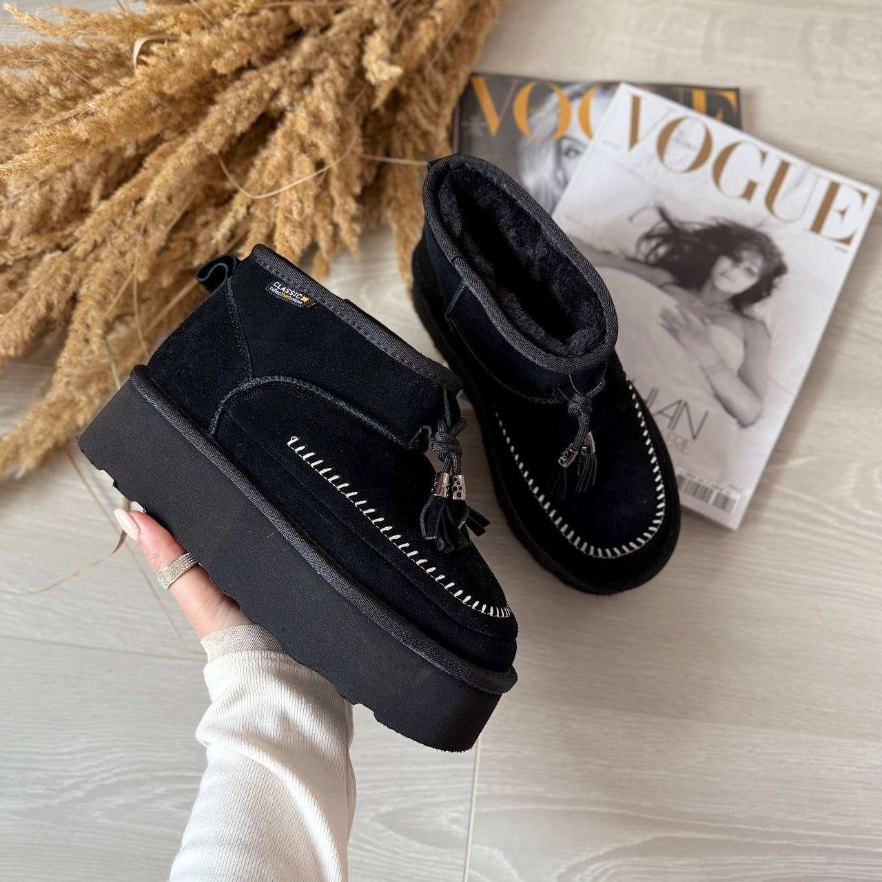 Жіночі класичні уги, чорні уги на високій підошві, ультракороткі уги, фото 1