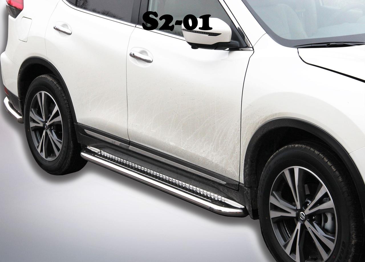 Бічні пороги площадки на Nissan X-trail T30 2002-2007 Підніжки труба з листом Ніссан Ікс-Трейл Т30 D60 Нерж