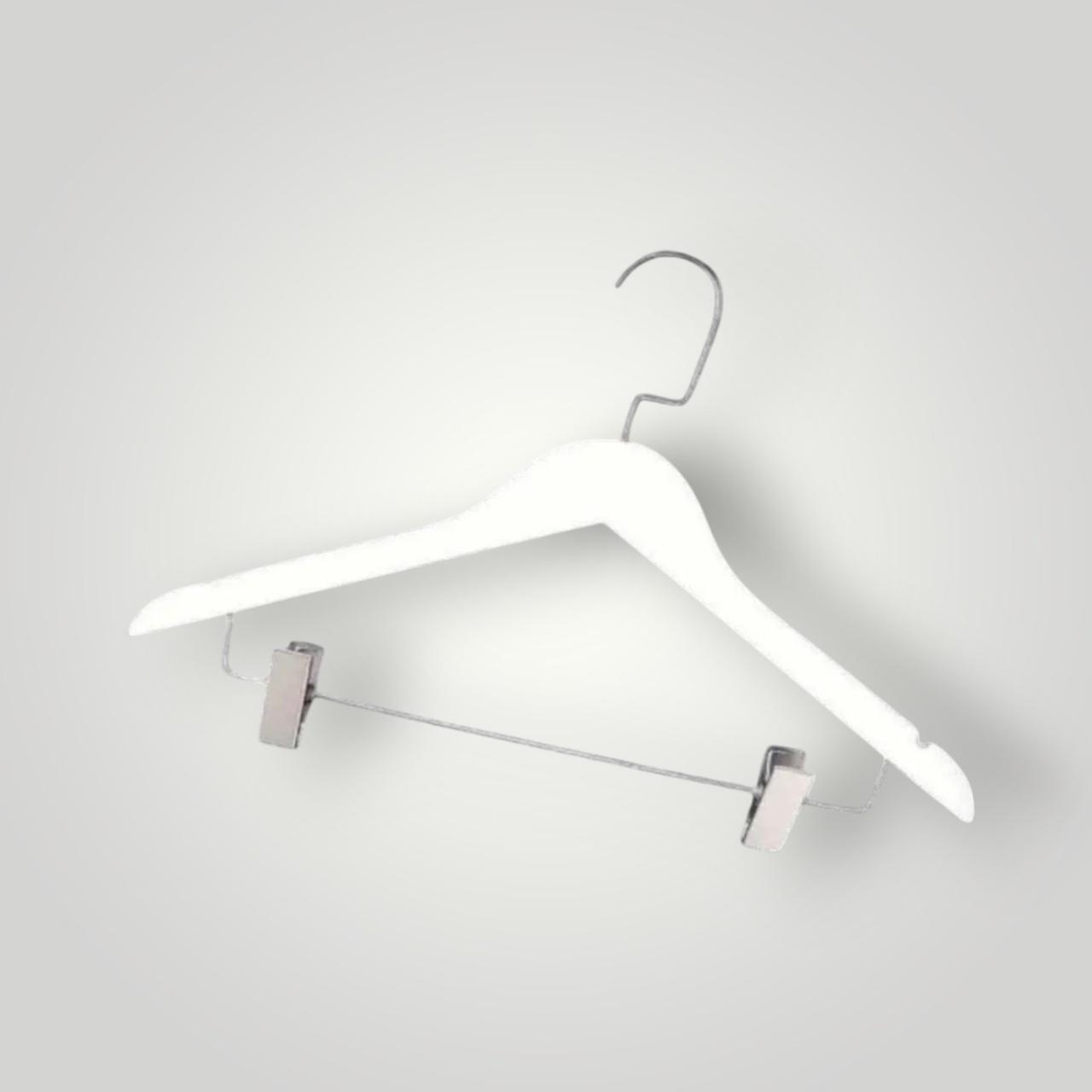 Деревяні плічки вішалки для костюмів з хромованими прищіпками 44 см для штанів білі упаковка 10 шт, фото 1