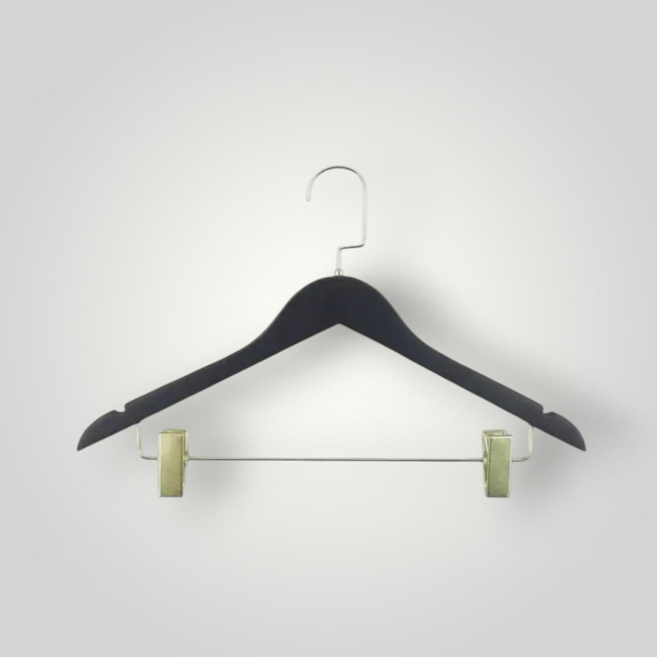 Деревяні плічкиів чорні  з золотим ,або срібним гачком і прищіпками 44 см для штанів упаковка 10 шт, фото 1