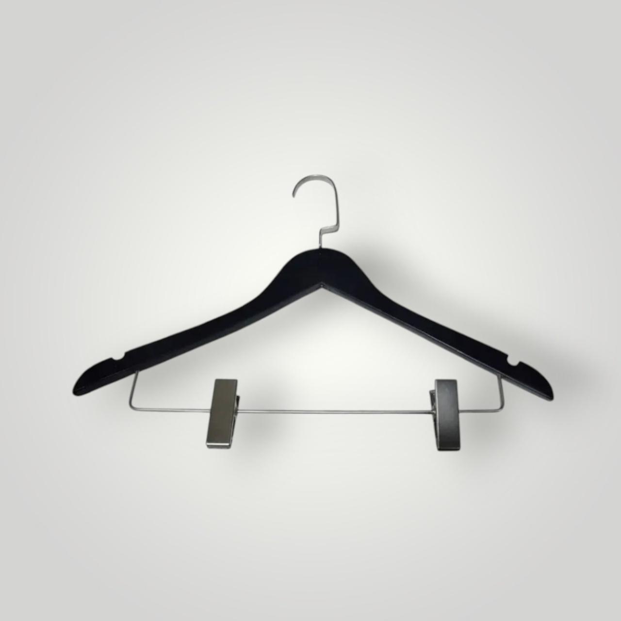 Деревяні плічки вішалки для костюмів чорні з хром прищіпками 44 см для штанів упаковка 10 шт, фото 1
