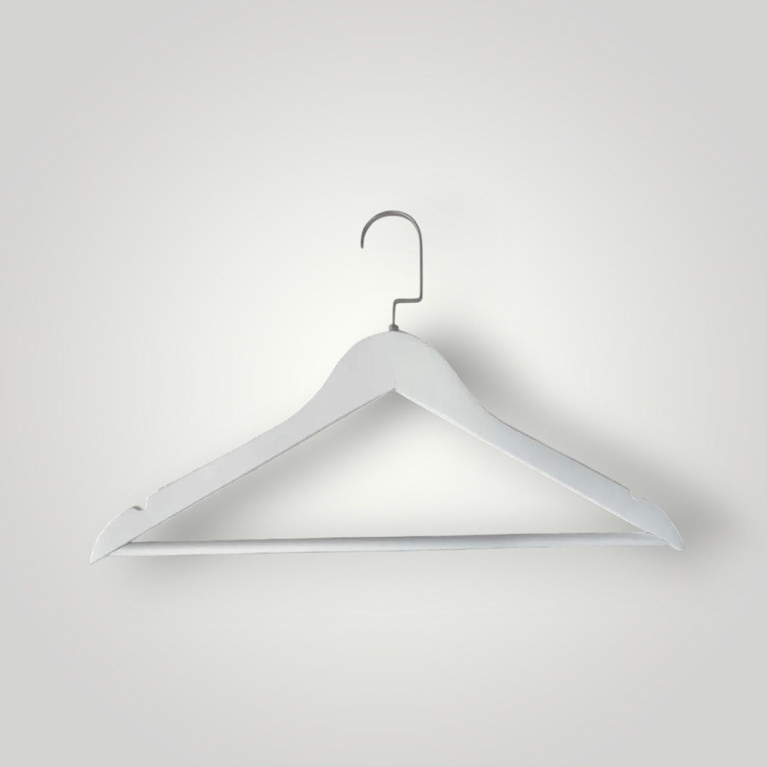 Деревяні плічки вішалки  38 см білі з хромованим гачком з перекладиною  для верхнього одягу упаковка 10 шт, фото 1