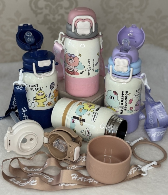 💙Дитячий термос з малюнком "Звірятка" 500 мл, кришка з трубочкою та поїлкою, зручний ремінець, фото 1