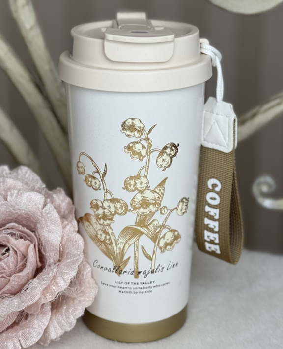 💖Термос-заварник з квітковим візерунком 520 мл, кришка з поїлкою, ремінець, зручний термокухоль для чаю та кави, фото 1