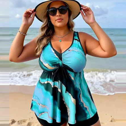 Купальник Роздільний. Танкіні із шортами. Морський бриз. Бірюзовий. Великі розміри., фото 1