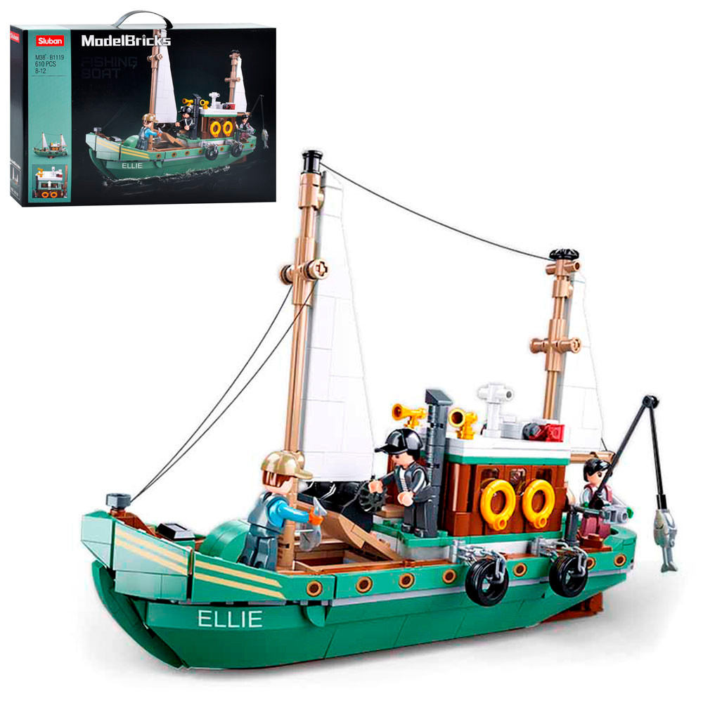 Конструктор SLUBAN M38-B1119 рибальський човен, 1:35, фігурки, 610 под., кор., 30-28,5-12 см., фото 1