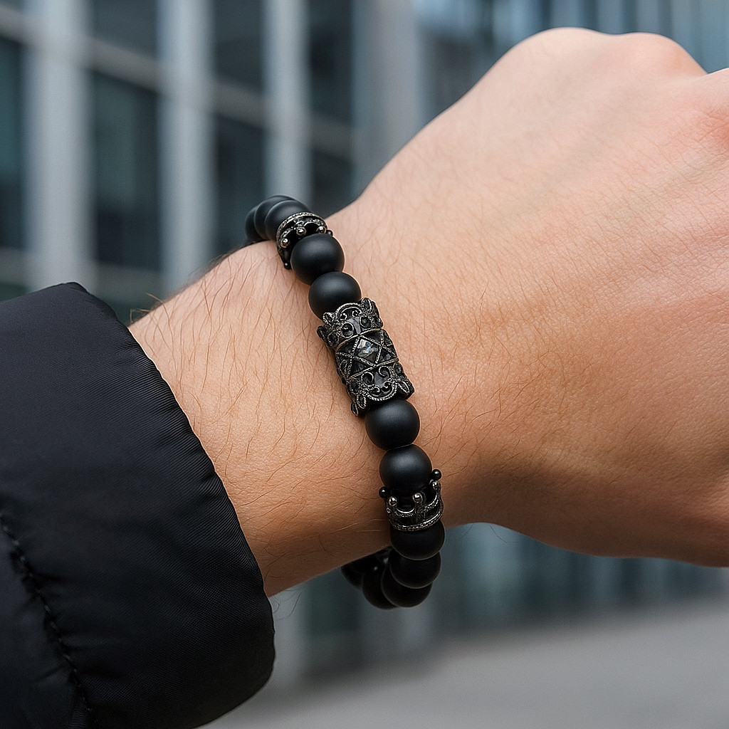 Чоловічий браслет з натурального каміння, кам'яний браслет з Агата з коронами, фото 1