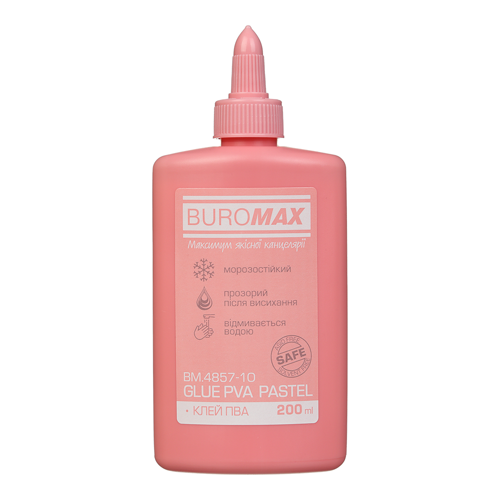 Клей ПВА 200 мл, PASTEL , ковпачок-дозатор, рожевий BUROMAX