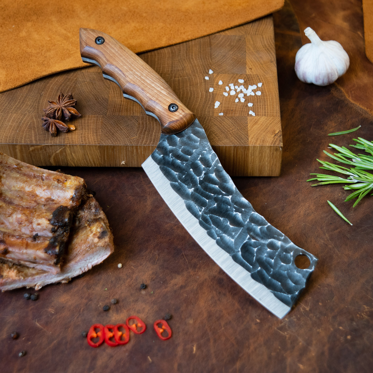 Кухонна сокира "Півмісяць" з фактурою битого каміння в шкіряному чохлі, фото 1