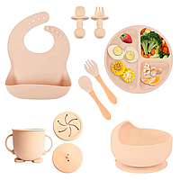Набір посуду для годування (6 предметів), Бежевий/Бузковий посуд для прикорму/Силіконовий посуд