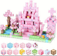Магнітний конструктор Майнкрафт Рожевий замок з озерцем та рибками, Minecraft магнітні блоки 108 кубиків