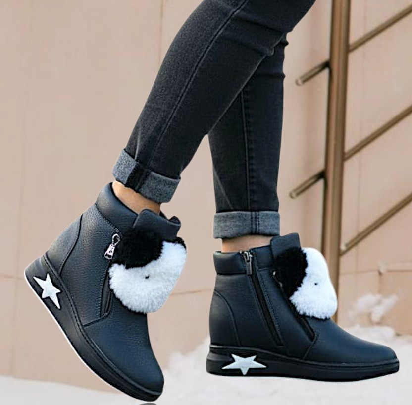 Сникерси зимние женские ботинки синие на молнии, фото 1