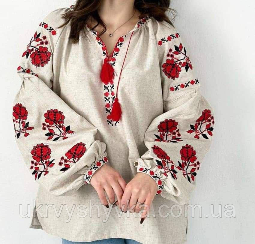 Українська вишита сорочка "Львівські ружі" льон, фото 1