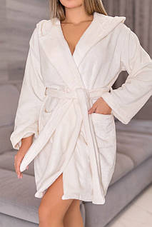 Жіночий махровий халат на запах з капюшоном молоко 42-44, 46-48,50-52