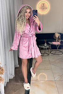 Жіночий махровий халат на запах з капюшоном рожевий 42-44, 46-48,50-52