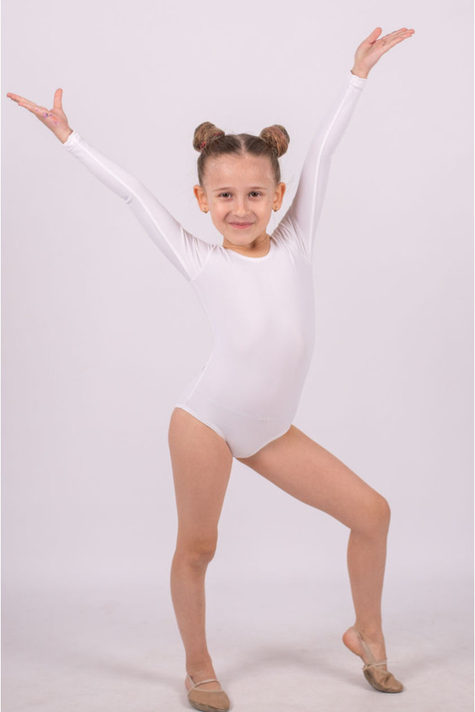 Купальник з біфлексу із довгим рукавом (білий), трико-гімнастичний, купальник для танців, гімнастики, хореографії, фото 1
