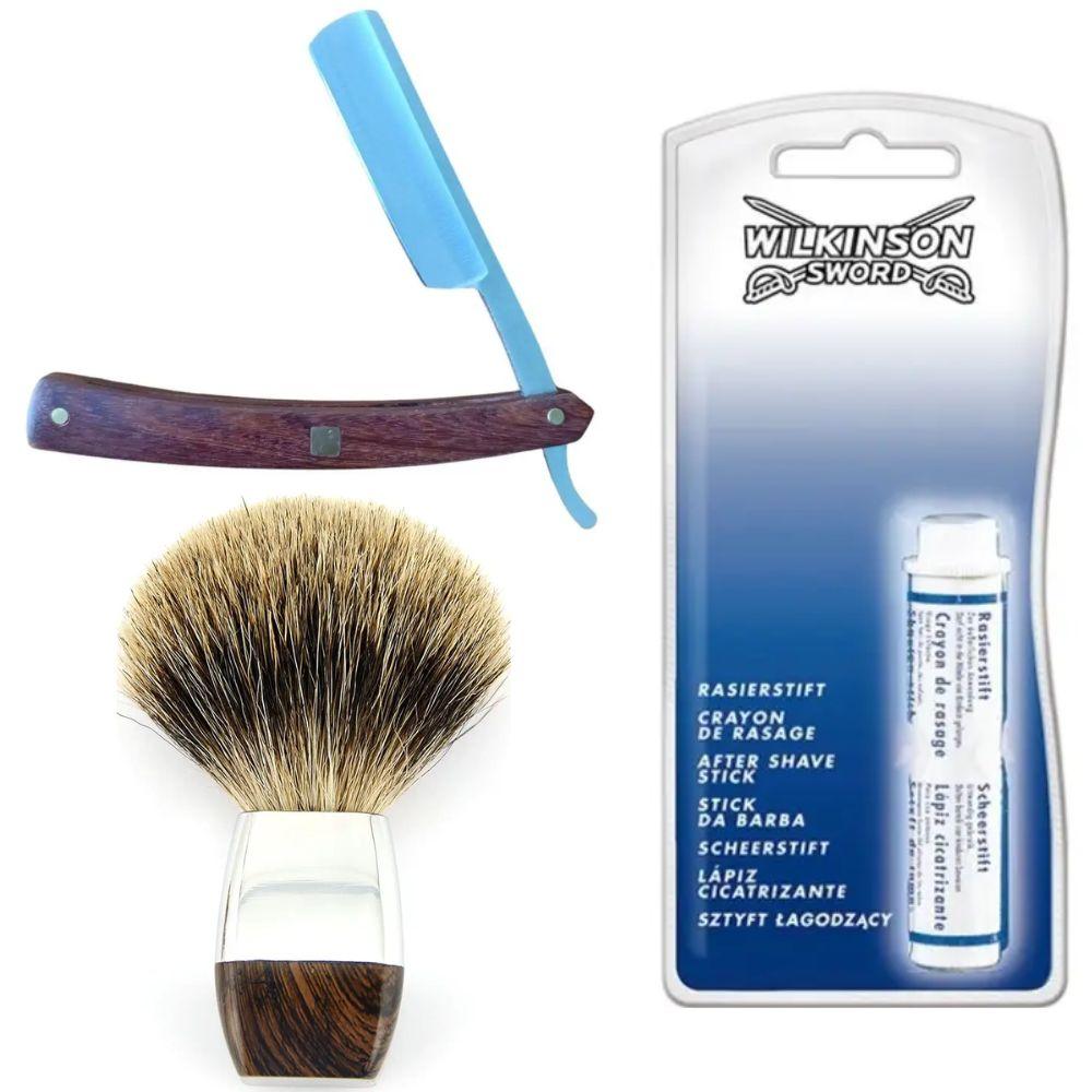 Небезпечна бритва/шавета розкладна Straight Razor + помазок борсук + кровоспинний олівець Wilkinson Sword After Shave Stick, фото 1