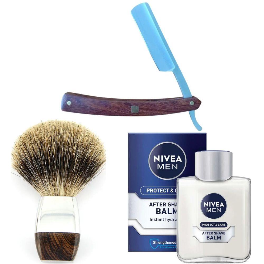 Небезпечна бритва/шавета розкладна Straight Razor + помазок борсук + бальзам після гоління Nivea Men Protect & Care 100 мл, фото 1