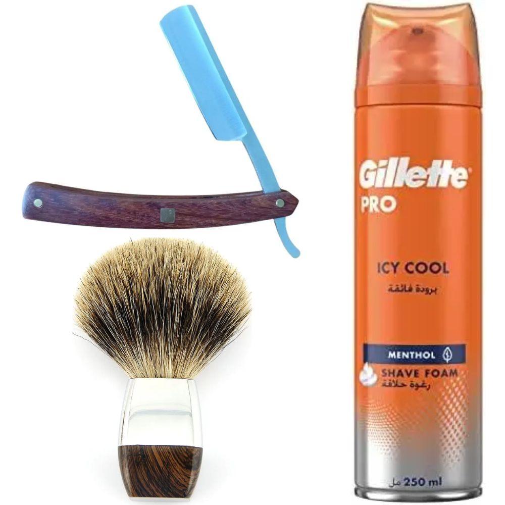 Небезпечна бритва/шавета розкладна Straight Razor + помазок з борсучим ворсом + піна для гоління Gillette Pro Icy Cool з ментолом, фото 1