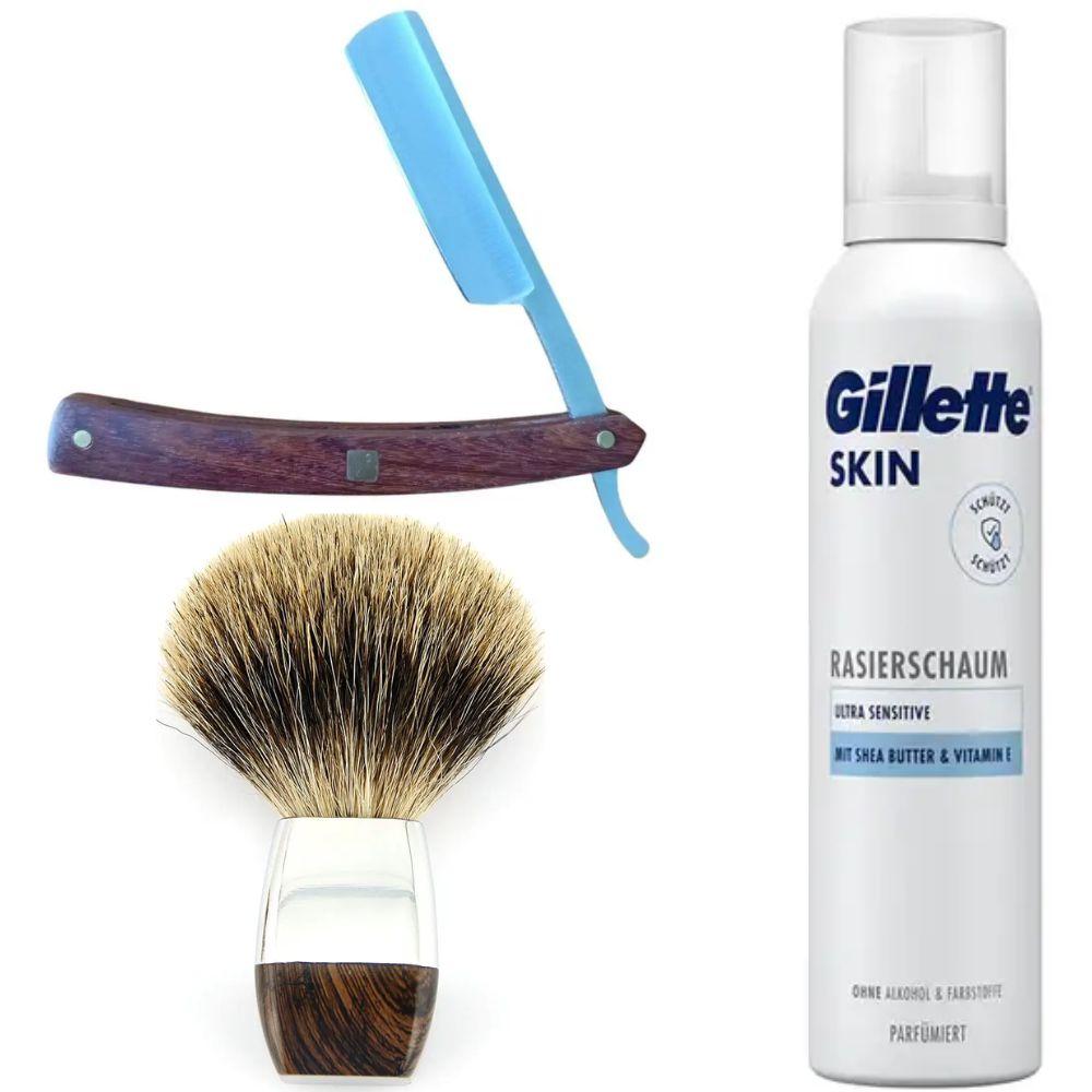 Небезпечна бритва/шавета розкладна Straight Razor + помазок з борсучим ворсом + піна для гоління Gillette Skin Ultra Sensitive, фото 1