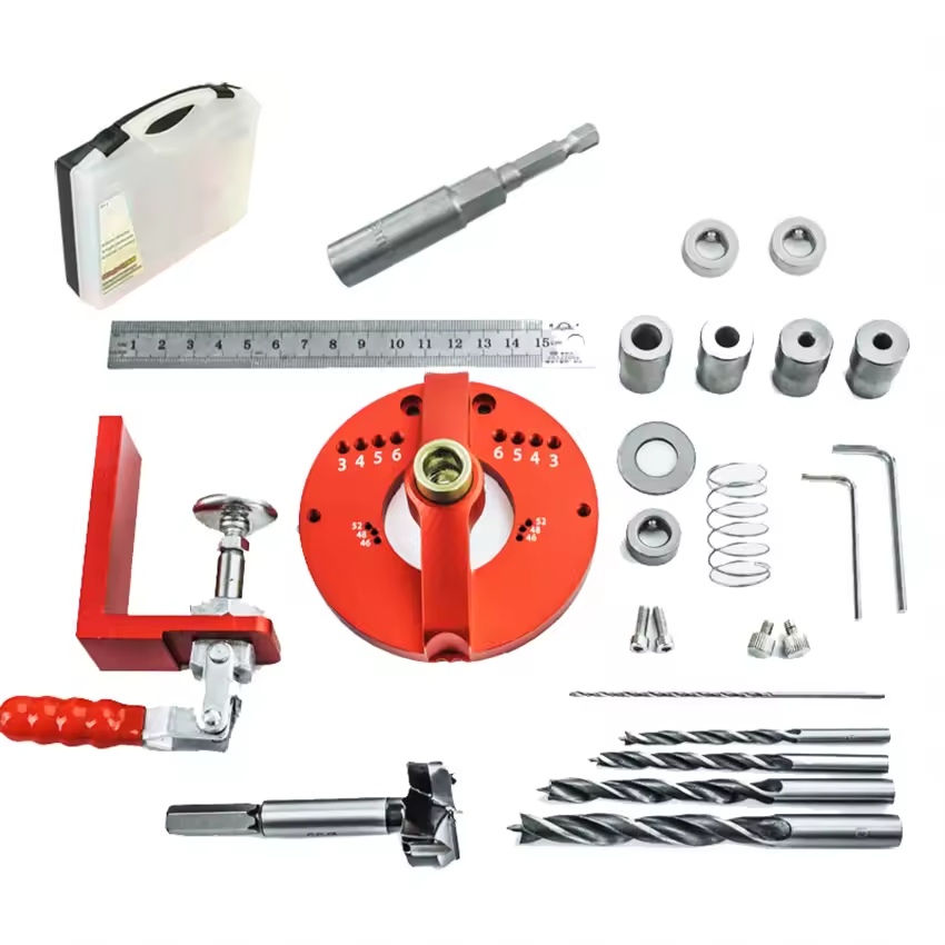 Універсальний алюмінієвий меблевий кондуктор Yomo HJ-1 у пластиковому кейсі — шаблон для присадки петель 35 мм, вертикального свер