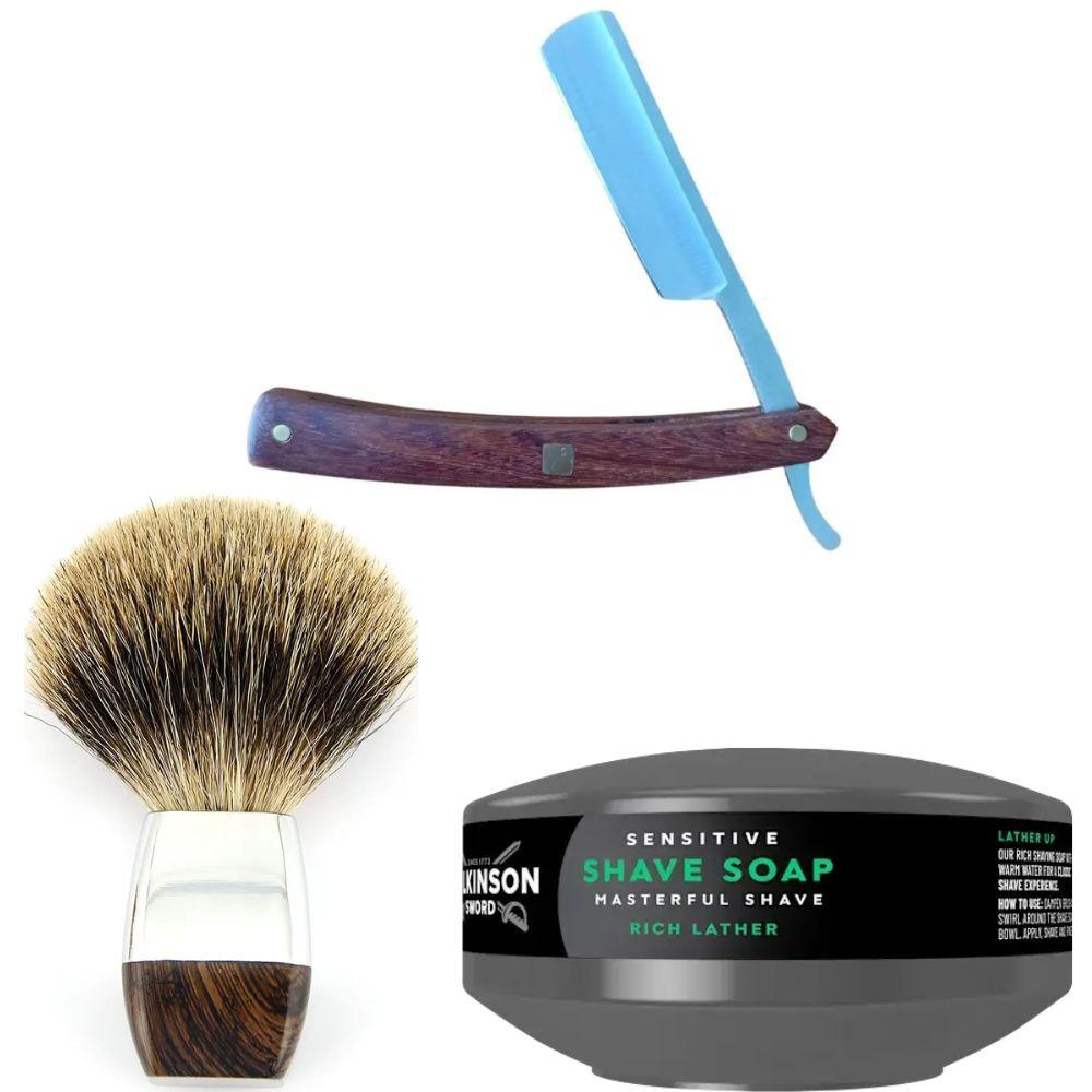 Небезпечна бритва/шавета розкладна Straight Razor + помазок борсук + мило для гоління Wilkinson Sword для чутливої шкіри 125 г, фото 1