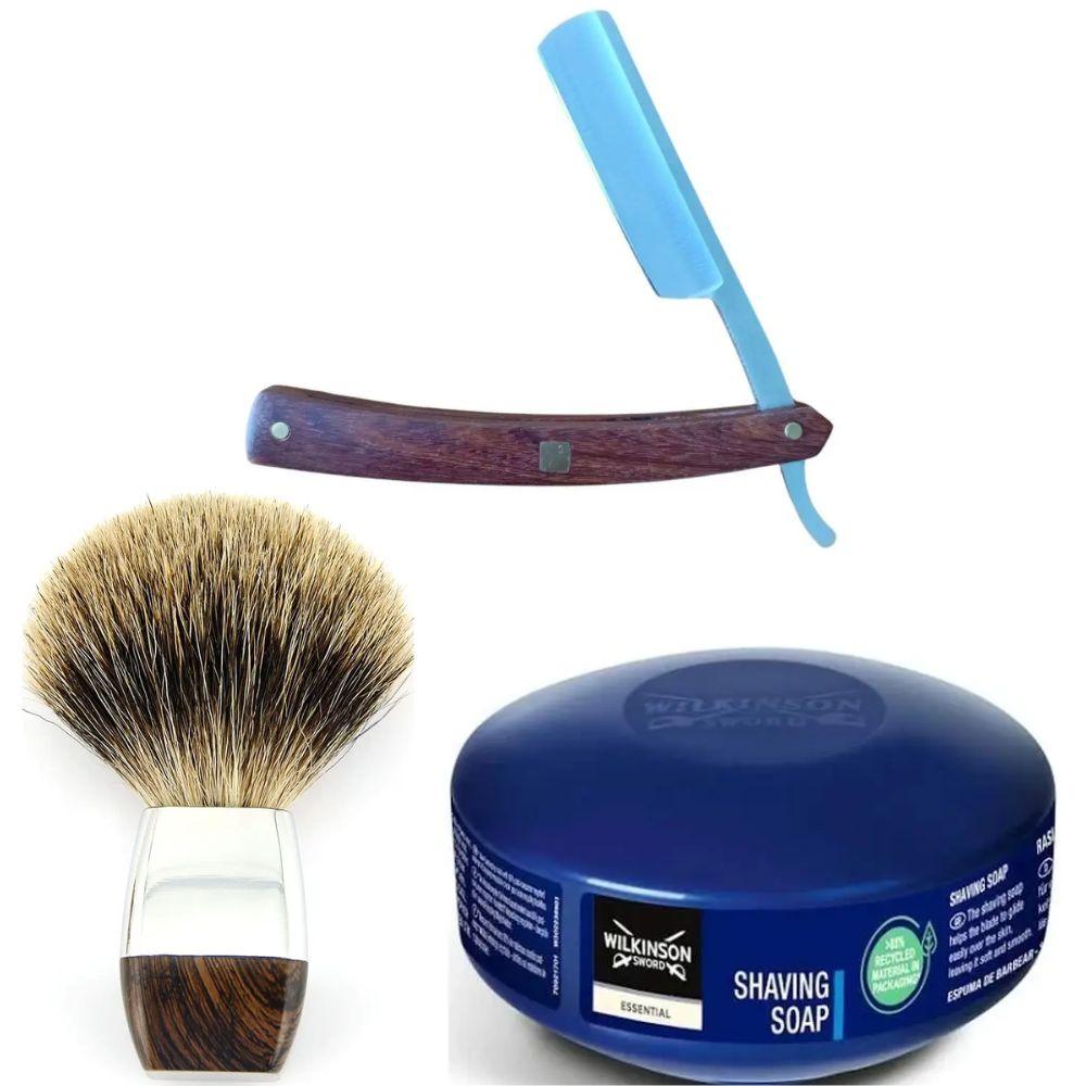 Небезпечна бритва/шавета розкладна Straight Razor + помазок з борсучим ворсом + мило для гоління Wilkinson Essential 125 г, фото 1