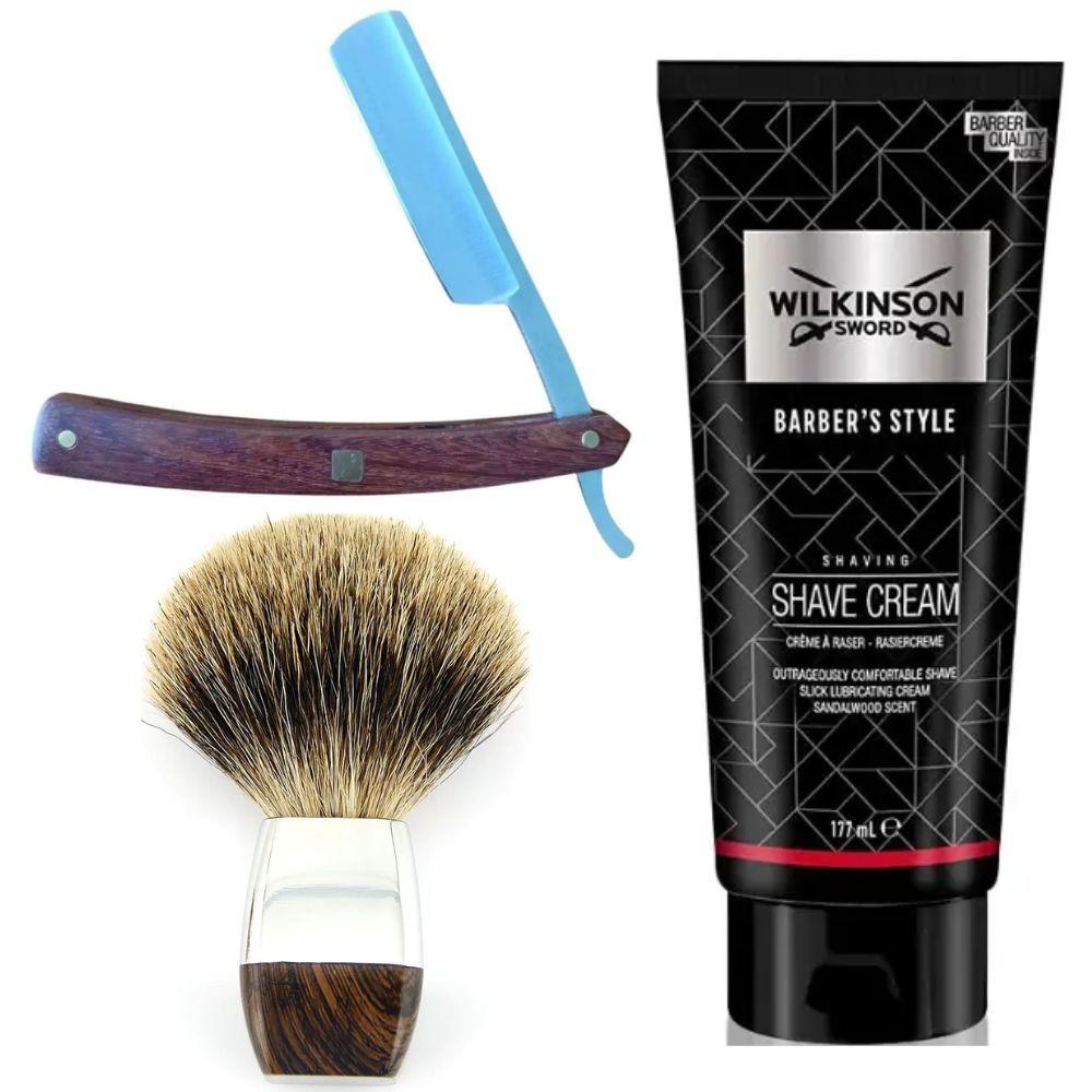 Небезпечна бритва/шавета розкладна Straight Razor + помазок борсук + крем для гоління Wilkinson Sword Barber's Style Shave Cream, фото 1