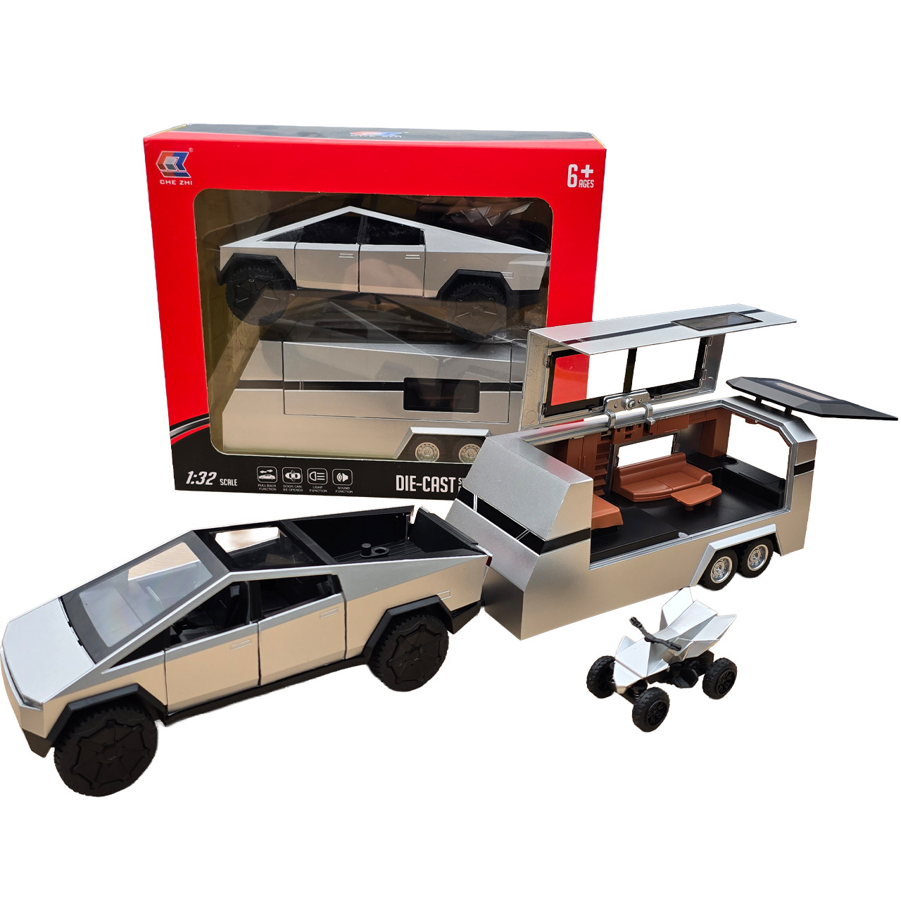 Машинка метал Tesla Cybertruck з прич-кемпером та квадр срібна Тесла 1:32 звук світло 17,5*6*6,5см (CZ 58 B), фото 1