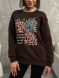 Тепла жіноча кофта світшот на флісі з анімалістичним принтом утеплена кофточка великих розмірів, фото 8