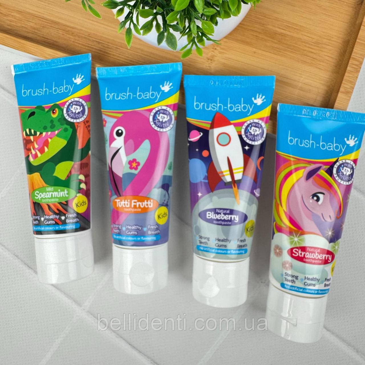 Дитячі зубні пасти Brush-Baby від 3 років (ракета, едіноріжка, фламінго, динозавр), 4 шт по 50 мл