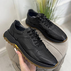 Кросівки чоловічі чорні на шнурівці. Натуральна шкіра флотар