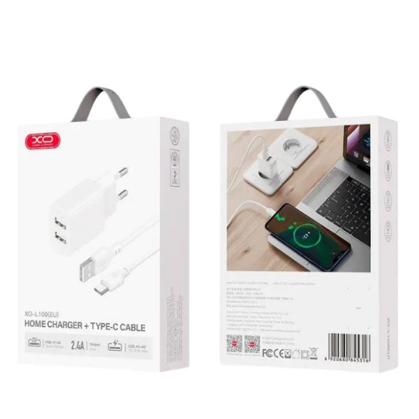 Зарядний пристрій блок живлення XO L109 Dual USB-A 2.4A Charger with Type-C cable Біле, фото 1